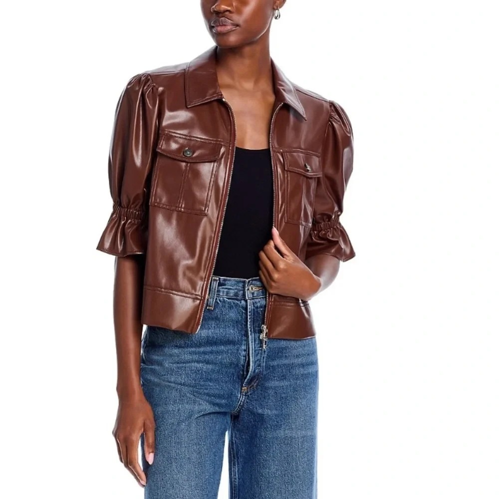 5a7 Cinq Sept Holly Cropped Vegan Leather Jacket Chocolate Brown Size Xl Nwot